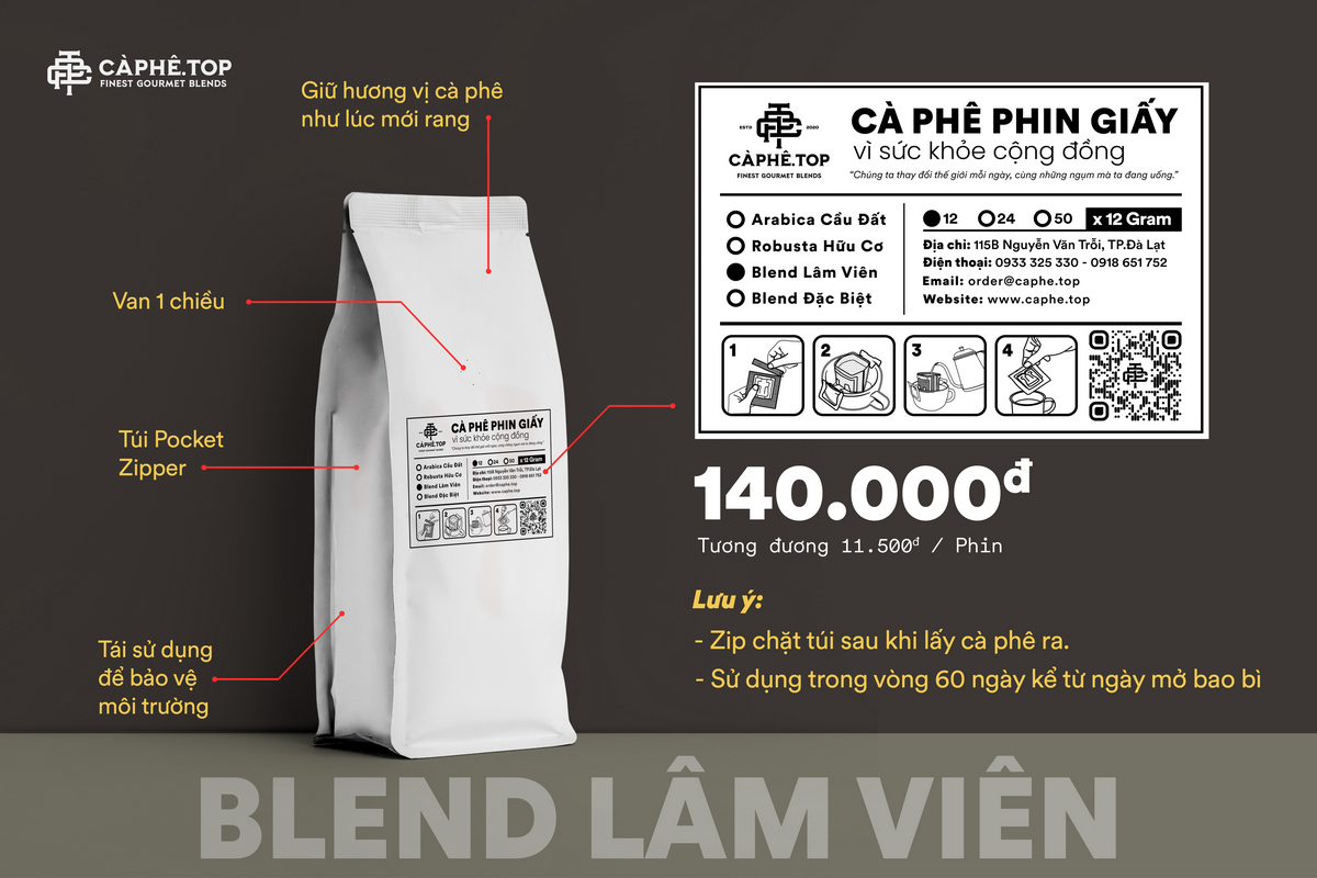 Cà phê Phin Giấy Blend Lâm Viên 12 gói