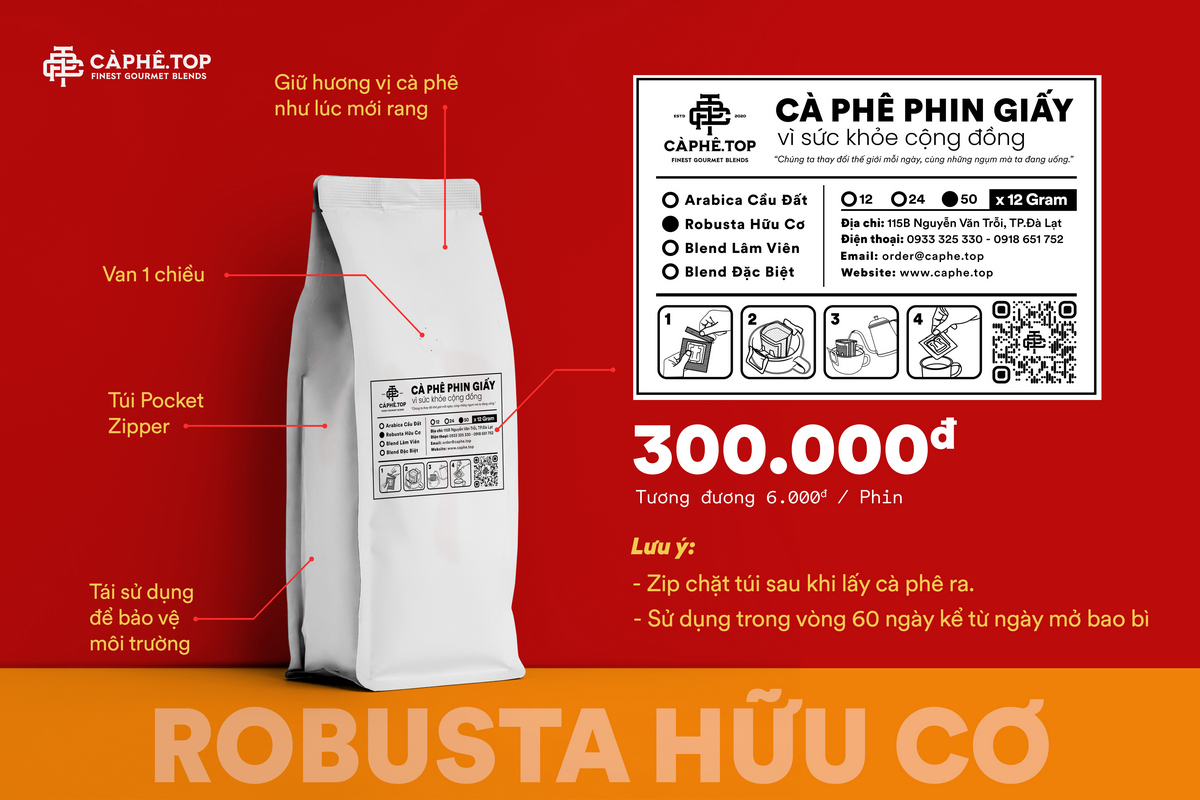 Cà phê phin giấy Robusta Hữu Cơ - Gói 50 phin